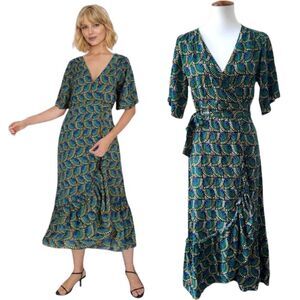 Silk & Salt Womens Journey Wrap Dress Green African Peacock Short Sleeve LARGE